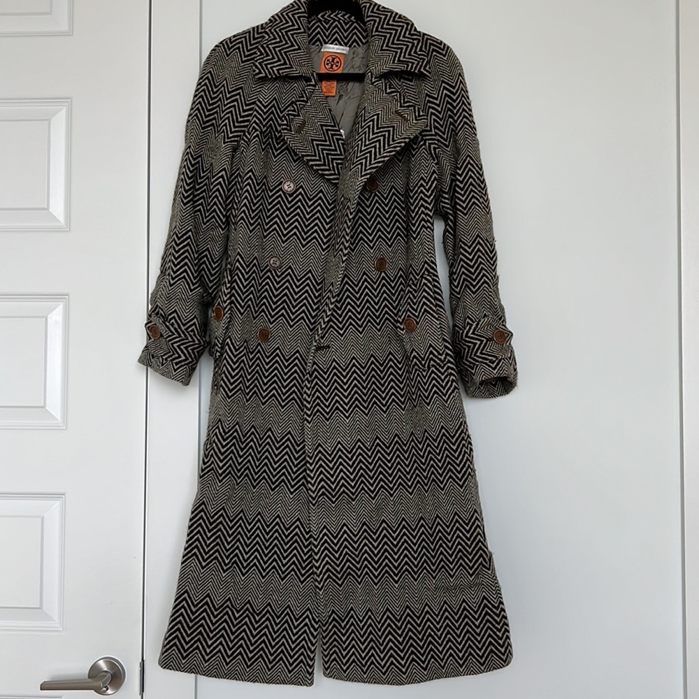 Tory Burch brown chevron print wool pea coat